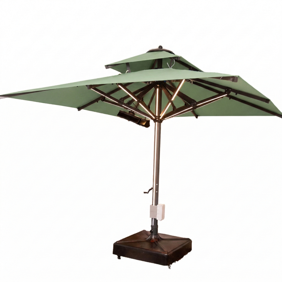 3x3 Teleskopik lux Bahçe Şemsiyesi Ledli Isıtıcılı Akrilik Kumaş Yeşil Renk