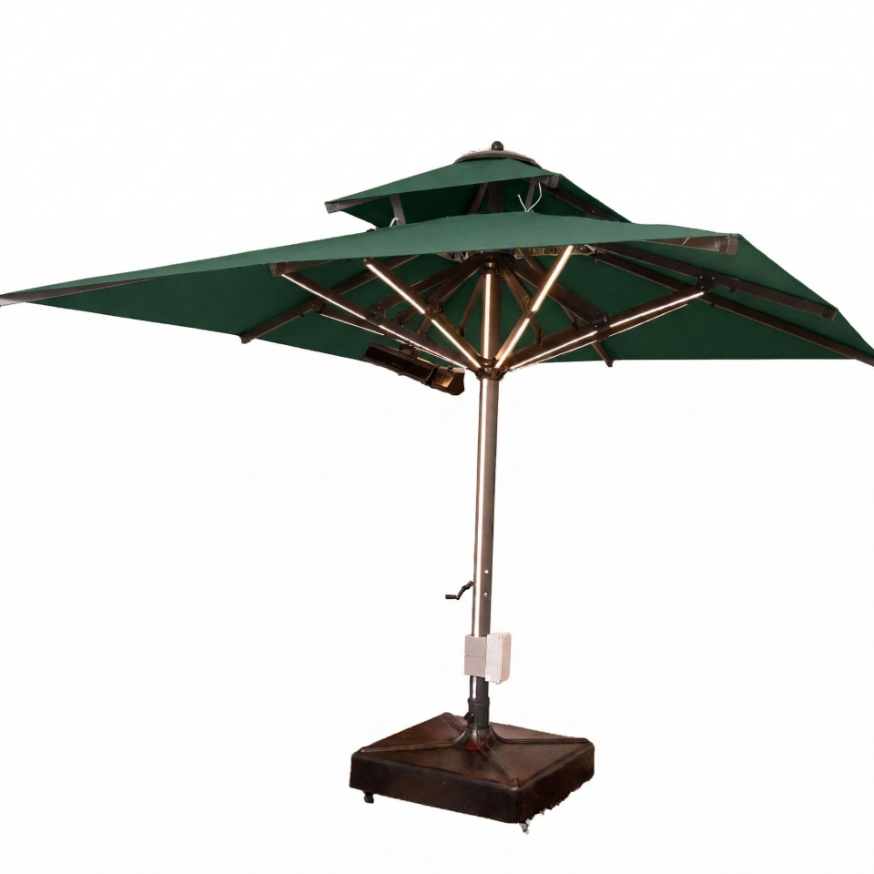 3x3 Teleskopik lux Bahçe Şemsiyesi Ledli Isıtıcılı Akrilik Kumaş Koyu Yeşil Renk